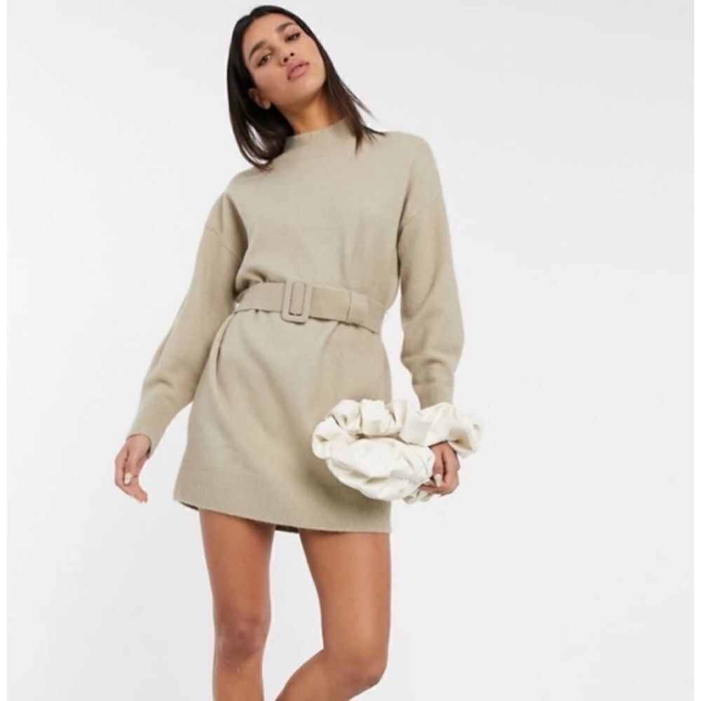 & other stories belted knit mock neck mini dress